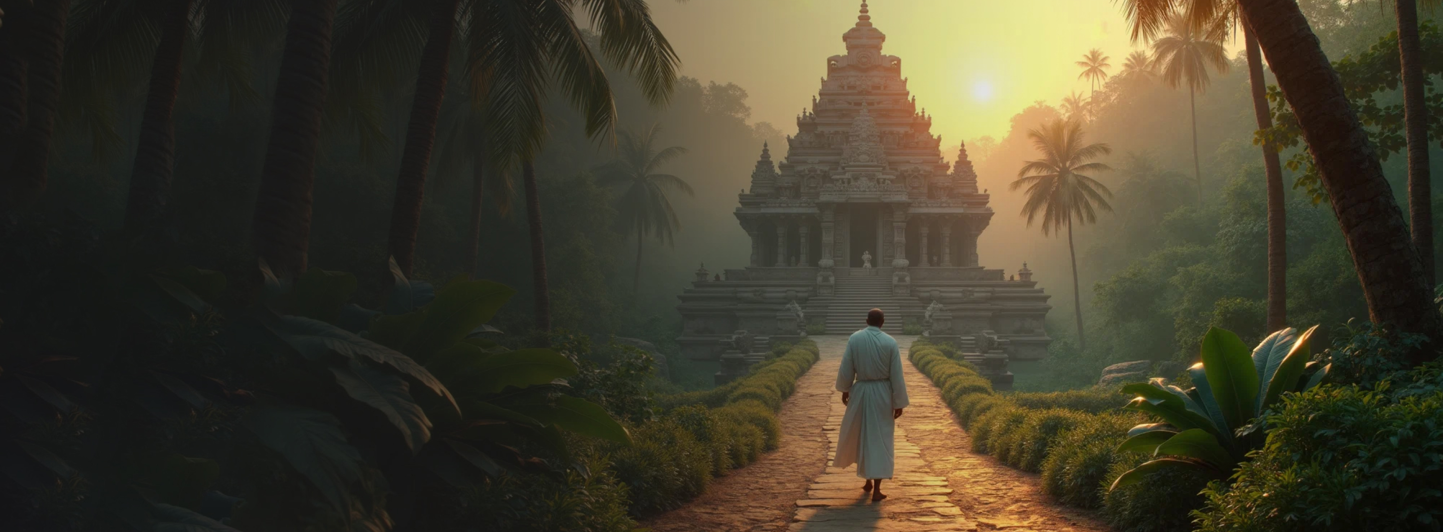 A man walking on a path to the temple