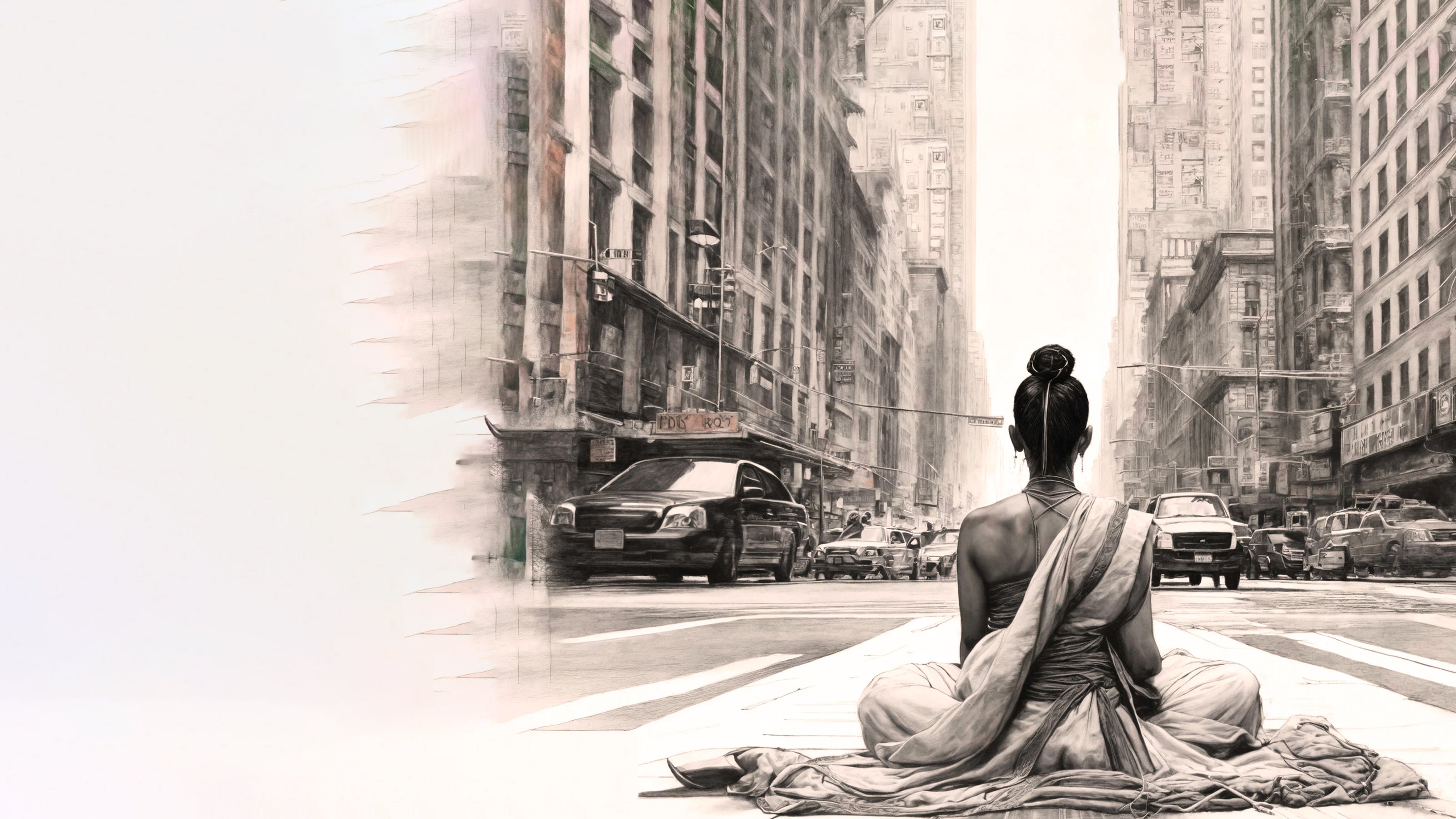 A solitary figure in meditative stillness, seated serenely in the heart of urban chaos, embodying the profound truth that inner peace transcends all external distractions and material noise.