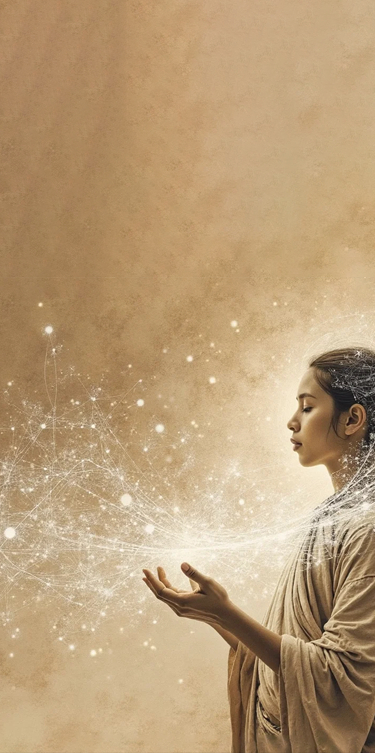 Person standing calmly with coffee in hand at sunrise, symbolizing clarity and focus.